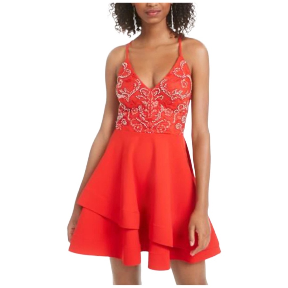 B Darlin (Macy’s) Juniors 7/8 Red Layered Beaded Mini Dress Homecoming